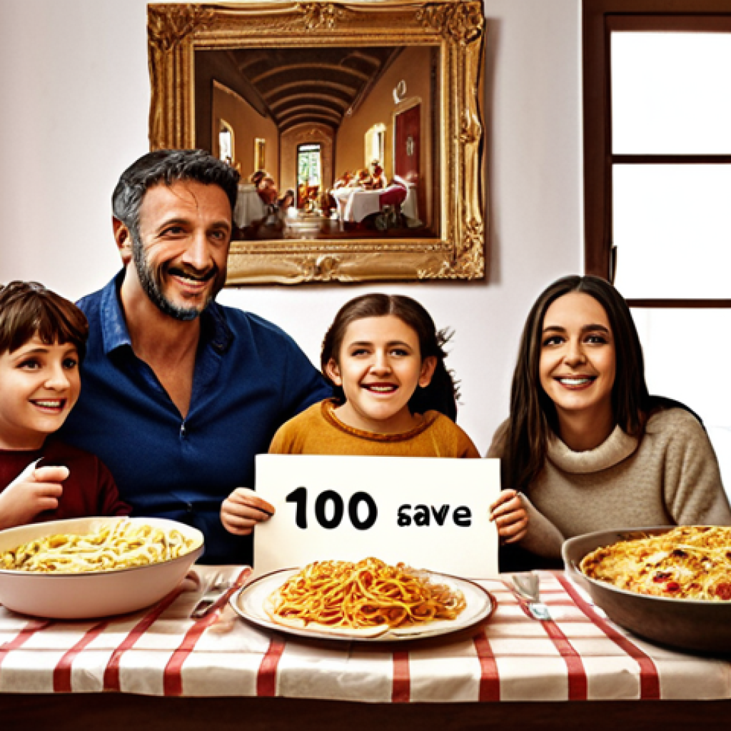 **

A cozy Italian family celebrating at home. The parents are smiling, holding a homemade banner that says "100€ Saved!". The children are clapping, and there's a simple but delicious Italian meal on the table. The scene is warm and inviting, emphasizing the value of family and small financial victories.

**