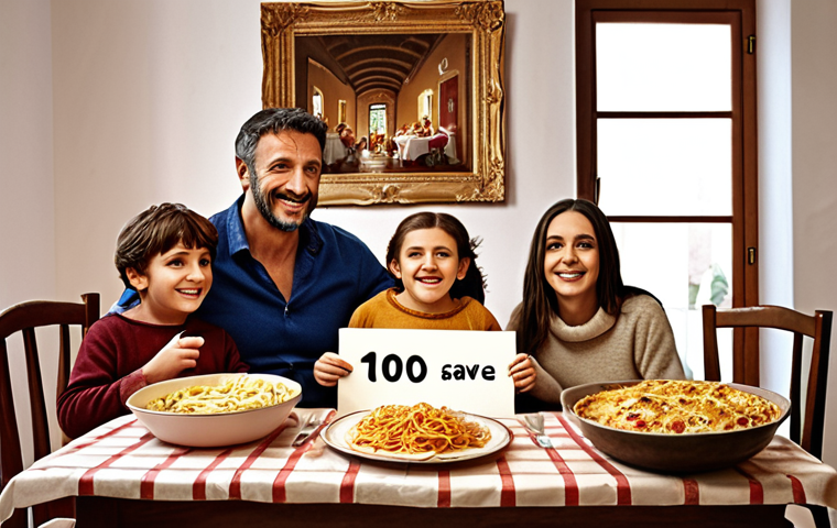 **

A cozy Italian family celebrating at home. The parents are smiling, holding a homemade banner that says "100€ Saved!". The children are clapping, and there's a simple but delicious Italian meal on the table. The scene is warm and inviting, emphasizing the value of family and small financial victories.

**