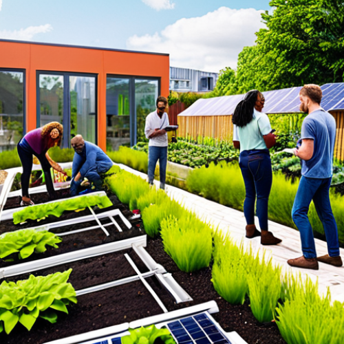 **

A diverse group of people working together in a vibrant, modern urban garden. Some are planting, others are tending to solar panels, and in the background, there are modern, eco-friendly buildings. The overall mood is optimistic and sustainable. Focus on bright colors and natural light.

**