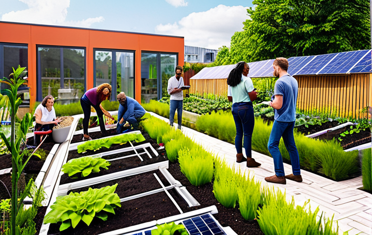 **

A diverse group of people working together in a vibrant, modern urban garden. Some are planting, others are tending to solar panels, and in the background, there are modern, eco-friendly buildings. The overall mood is optimistic and sustainable. Focus on bright colors and natural light.

**