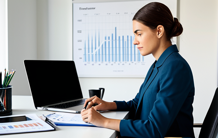 A professional adult, gender-neutral, in a modest business suit, sitting comfortably at a clean, modern desk in a well-lit, professional home office. The individual is engaged in focused work, reviewing financial charts on a laptop screen and making notes in a planner. A stylish, minimalist clock is visible on the wall in the background, subtly indicating the passage of time. The atmosphere is calm and productive, reflecting conscious time and money management. High-quality professional photography, natural lighting, sharp focus, perfect anatomy, correct proportions, natural pose, well-formed hands, proper finger count, natural body proportions. fully clothed, appropriate attire, safe for work, appropriate content, professional, modest, family-friendly.