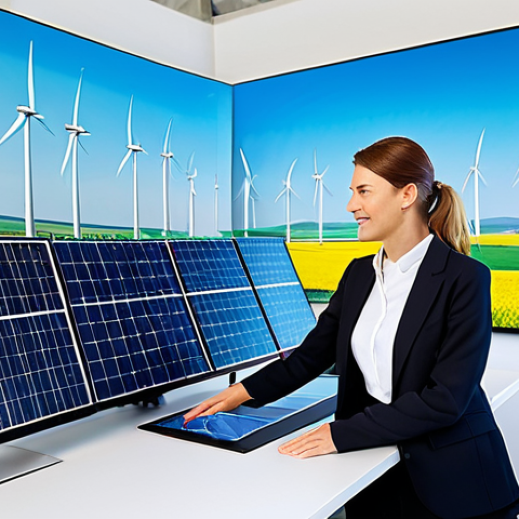 Sustainable Investment in Renewable Energy**
"A bright and airy modern office with a woman in a professional blazer, looking at a holographic display showing wind turbines and solar panels, graphs indicating positive growth, fully clothed, appropriate attire, safe for work, perfect anatomy, natural proportions, showcasing sustainable investments, family-friendly, professional photography, high quality, investment in renewable energy sources, ethical finance."
**