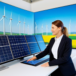 Home 6 Sustainable Investment in Renewable Energy**
"A bright and airy modern office with a woman in a professional blazer, looking at a holographic display showing wind turbines and solar panels, graphs indicating positive growth, fully clothed, appropriate attire, safe for work, perfect anatomy, natural proportions, showcasing sustainable investments, family-friendly, professional photography, high quality, investment in renewable energy sources, ethical finance."
**
