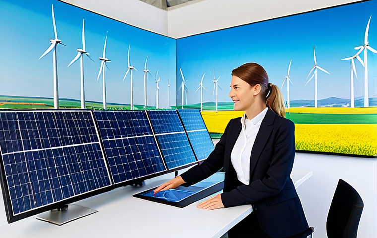 Sustainable Investment in Renewable Energy**
"A bright and airy modern office with a woman in a professional blazer, looking at a holographic display showing wind turbines and solar panels, graphs indicating positive growth, fully clothed, appropriate attire, safe for work, perfect anatomy, natural proportions, showcasing sustainable investments, family-friendly, professional photography, high quality, investment in renewable energy sources, ethical finance."
**